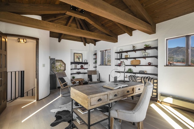 office space featuring beamed ceiling, wood-type flooring, a baseboard heating unit, and wooden ceiling