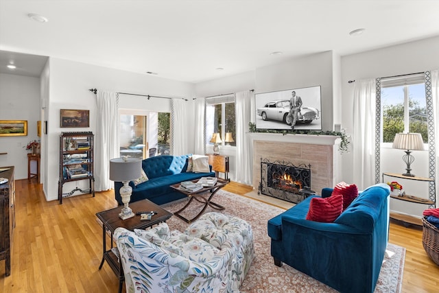 living room featuring hardwood / wood-style flooring and a fireplace