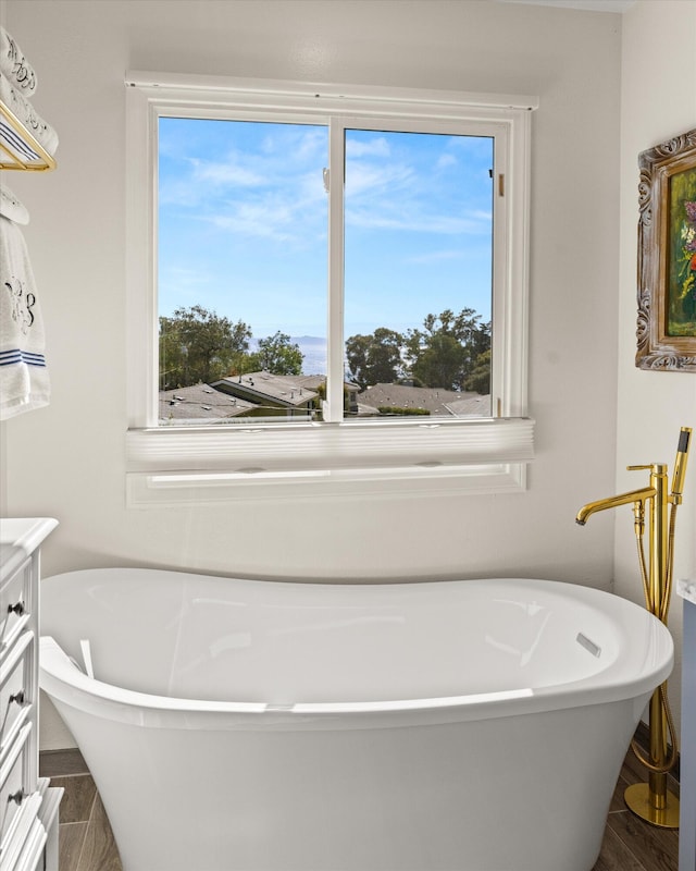 bathroom featuring vanity, hardwood / wood-style floors, and a bathtub