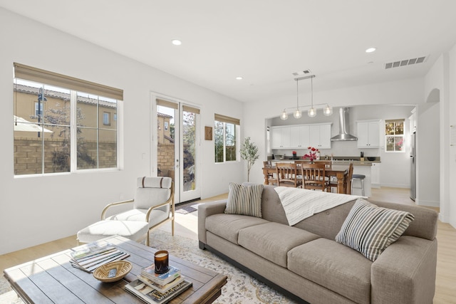 living room with light hardwood / wood-style floors and a healthy amount of sunlight