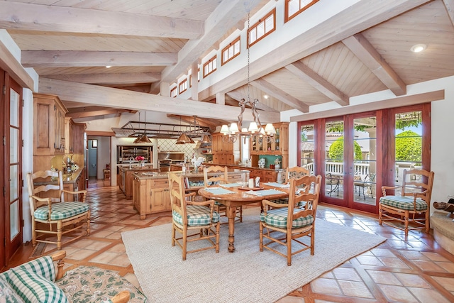 dining room featuring french doors, wooden ceiling, lofted ceiling with beams, and a notable chandelier