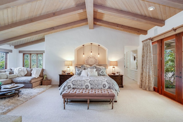 bedroom with lofted ceiling with beams, french doors, wooden ceiling, and carpet