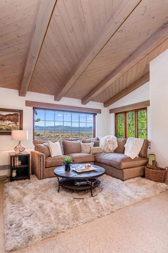 carpeted living room featuring wood ceiling and lofted ceiling with beams