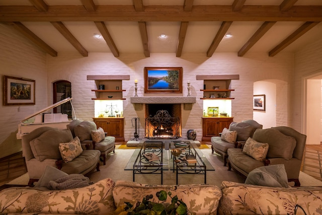 living room featuring lofted ceiling