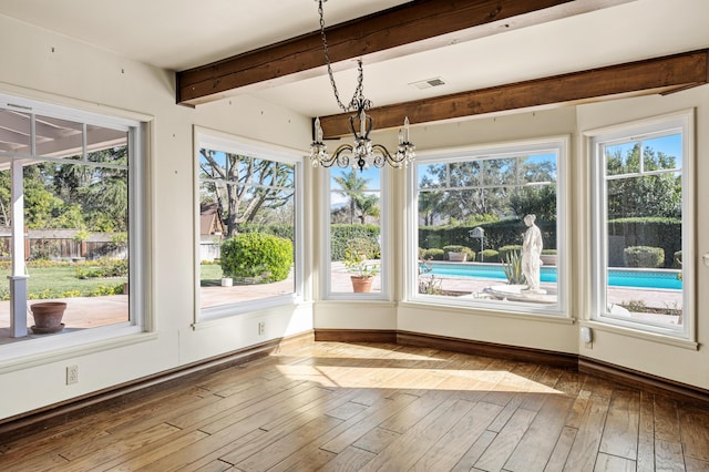2385 Janin Pl, Solvang, CA 93463 - unfurnished sunroom featuring beam ceiling, a chandelier, and a wealth of natural light
