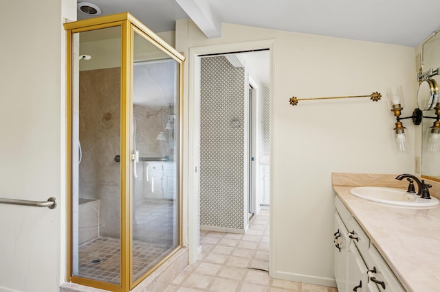 2385 Janin Pl, Solvang, CA 93463 - bathroom with vanity, vaulted ceiling with beams, and a shower with door