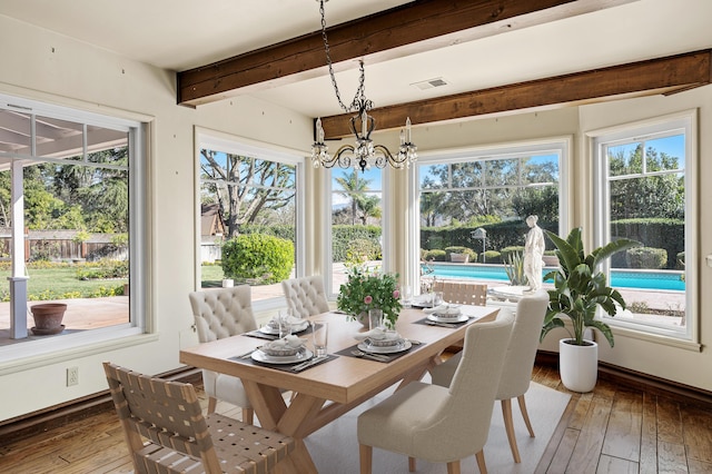 2385 Janin Pl, Solvang, CA 93463 - sunroom / solarium featuring beamed ceiling, plenty of natural light, and a chandelier