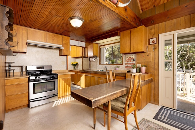 kitchen with sink, stainless steel range with gas cooktop, and wooden ceiling