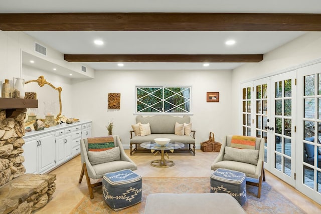 living room with french doors, baseboards, visible vents, recessed lighting, and beamed ceiling