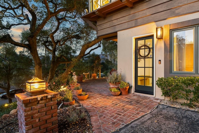 view of exterior entry featuring a patio area and stucco siding