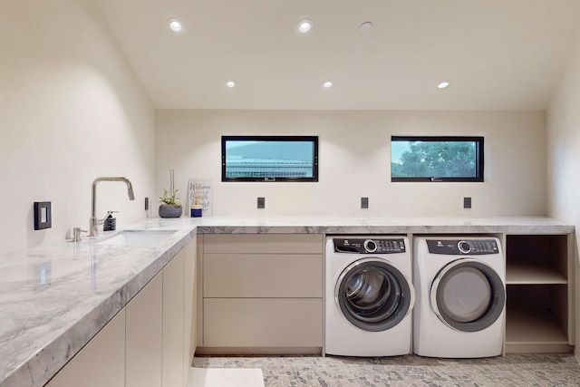 670 Santa Lucia Ave, Los Osos, CA 93402 - washroom featuring independent washer and dryer, a sink, cabinet space, and recessed lighting