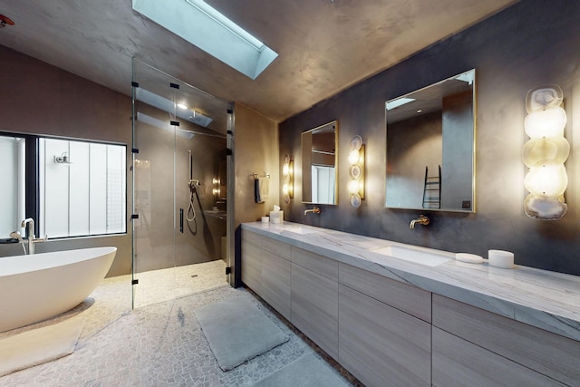 670 Santa Lucia Ave, Los Osos, CA 93402 - bathroom featuring double vanity, a freestanding tub, a sink, and a shower stall