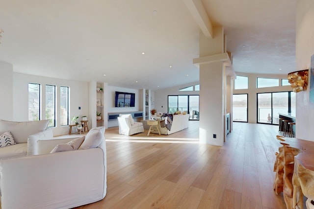 670 Santa Lucia Ave, Los Osos, CA 93402 - living room with light wood-style floors, a fireplace, high vaulted ceiling, and a wealth of natural light
