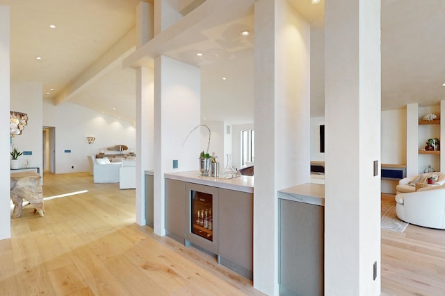 670 Santa Lucia Ave, Los Osos, CA 93402 - bar with light wood-style floors, recessed lighting, beamed ceiling, and high vaulted ceiling
