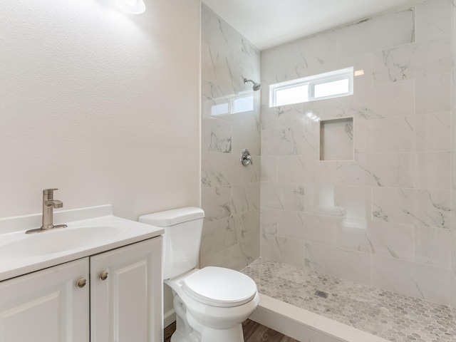 bathroom with vanity, a tile shower, and toilet