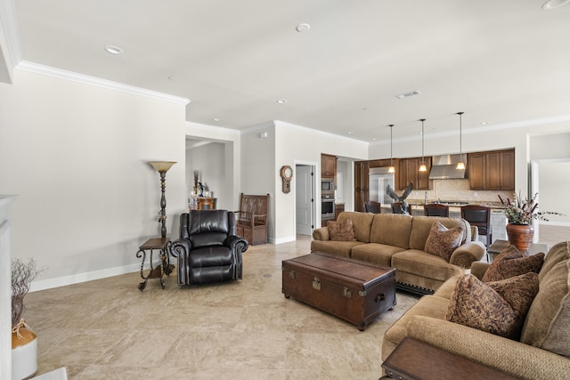 living room with crown molding