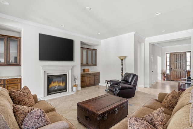 living room featuring crown molding