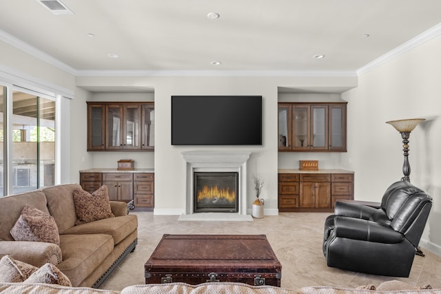 living room featuring ornamental molding