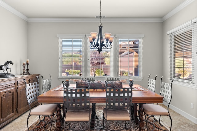 dining space with a chandelier and ornamental molding