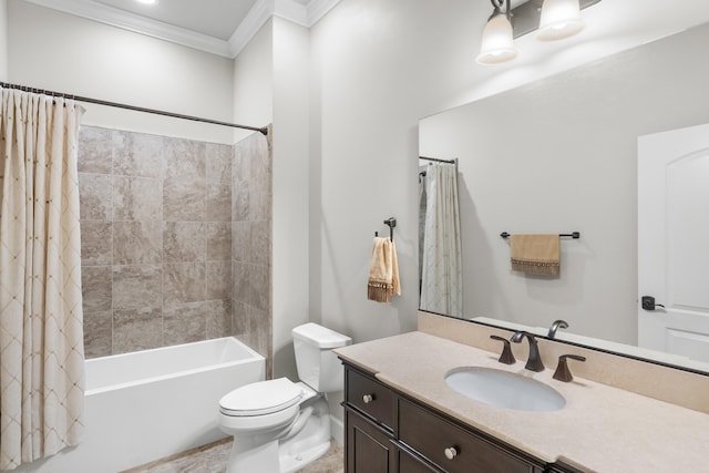 full bathroom featuring toilet, shower / bath combo, crown molding, and vanity