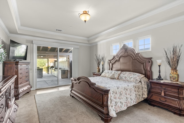 bedroom featuring access to outside, multiple windows, and crown molding