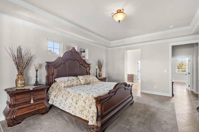 bedroom with crown molding and tile patterned floors