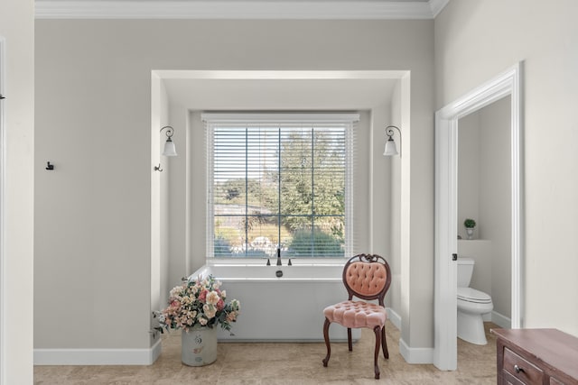 living area featuring ornamental molding and light tile patterned flooring