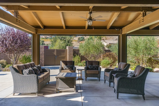 view of patio / terrace featuring a gazebo, an outdoor hangout area, and ceiling fan