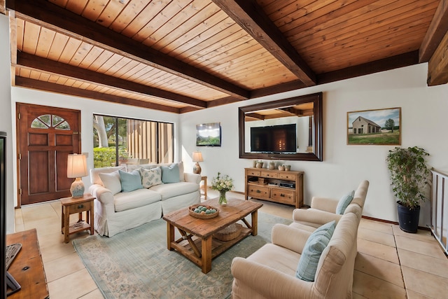 living room featuring wooden ceiling, beamed ceiling, and light tile patterned flooring