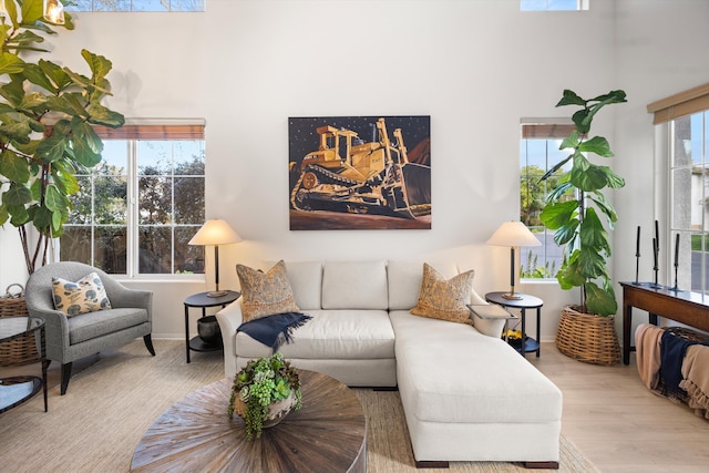 living area with a healthy amount of sunlight, a towering ceiling, baseboards, and wood finished floors