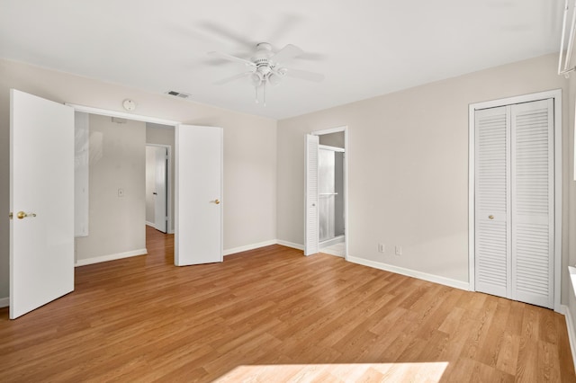 unfurnished bedroom with light wood-style floors, visible vents, baseboards, and a ceiling fan