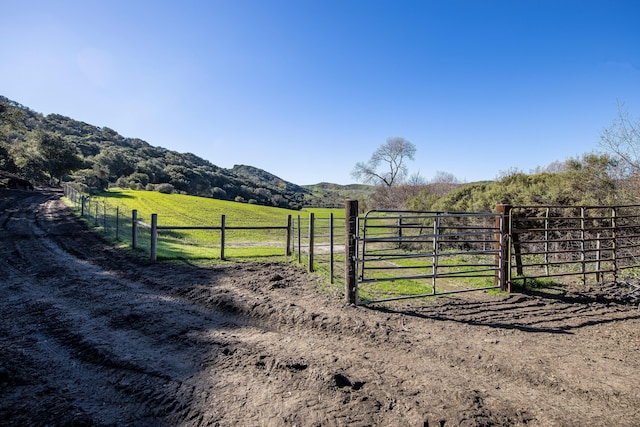 view of gate with a rural view, fence, and a mountain view