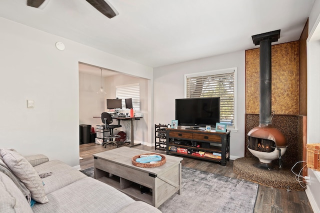 living area featuring a wood stove and wood finished floors