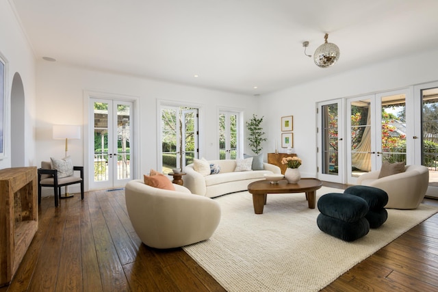 771 Garden Ln, Montecito, CA 93108 - living area featuring dark wood-style floors, recessed lighting, arched walkways, and french doors