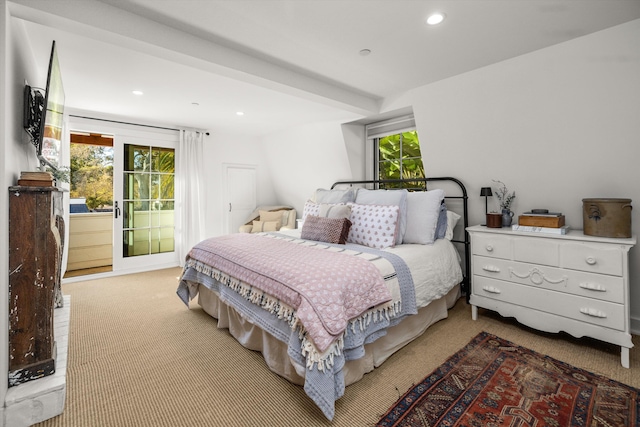 carpeted bedroom with recessed lighting and multiple windows