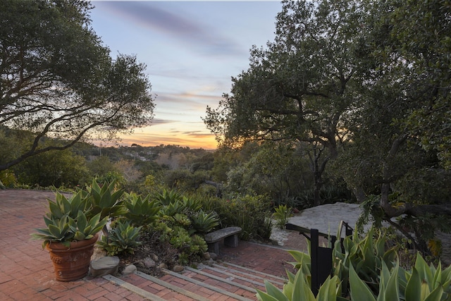 view of patio terrace at dusk