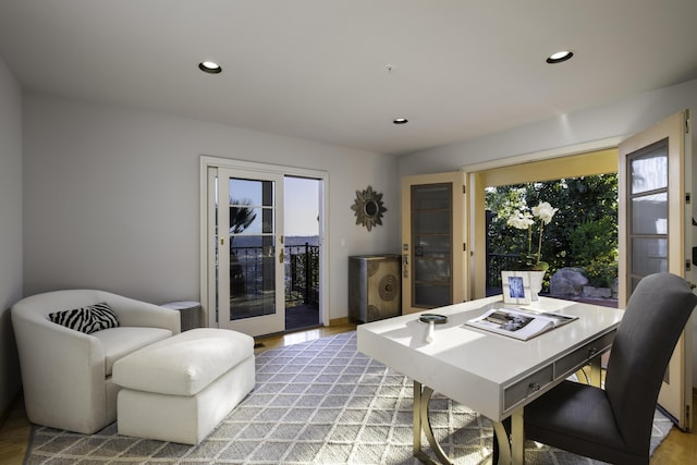 office featuring light wood-style flooring and recessed lighting