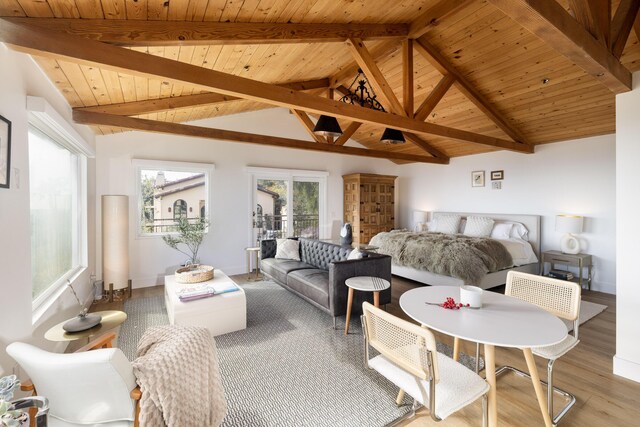 bedroom featuring lofted ceiling with beams, wooden ceiling, access to exterior, and wood finished floors