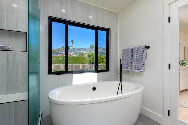 full bath with a mountain view, baseboards, and a freestanding tub