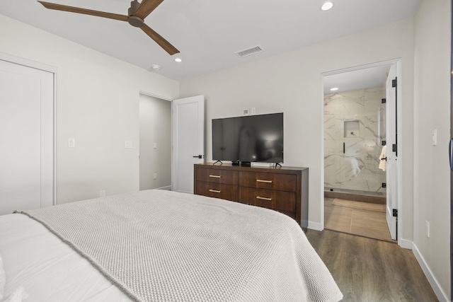 bedroom featuring dark wood-style flooring, recessed lighting, visible vents, ceiling fan, and baseboards