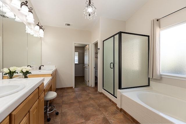 full bath with a garden tub, double vanity, toilet, a sink, and a shower stall