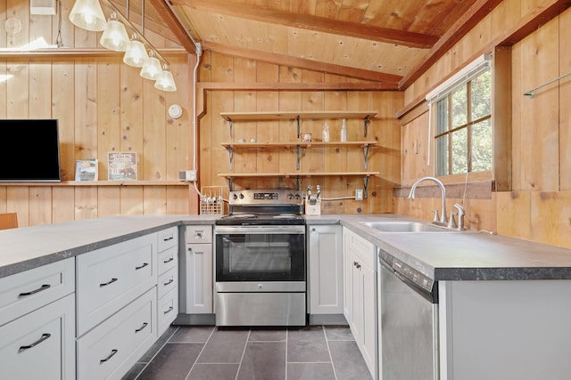 kitchen featuring wooden walls, wood ceiling, stainless steel appliances, open shelves, and a sink