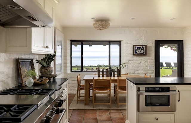 kitchen with dark countertops, under cabinet range hood, a healthy amount of sunlight, and appliances with stainless steel finishes