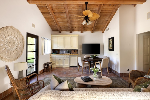 living room featuring dark tile patterned flooring, wood ceiling, visible vents, a ceiling fan, and beamed ceiling