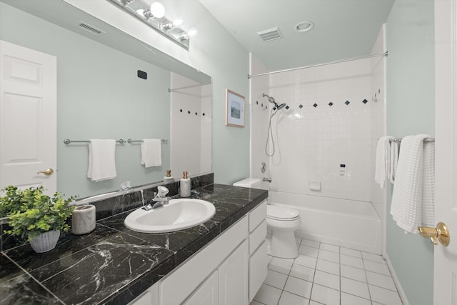 full bathroom with toilet, tile patterned flooring, visible vents, and vanity