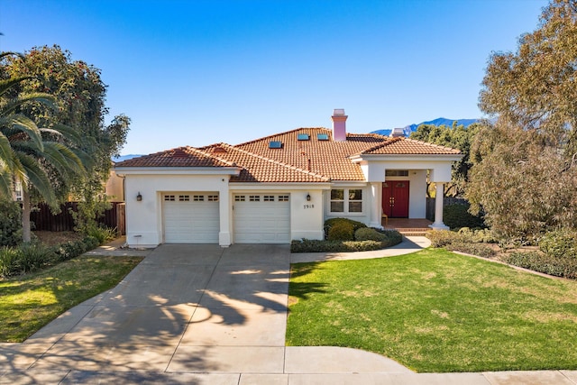 mediterranean / spanish-style home featuring a garage, a front yard, a tiled roof, and stucco siding