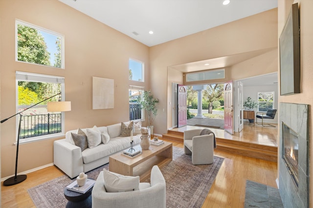 living room with baseboards, a fireplace, wood finished floors, and a healthy amount of sunlight