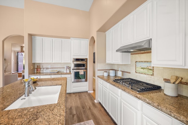 kitchen featuring under cabinet range hood, arched walkways, stainless steel appliances, and a sink