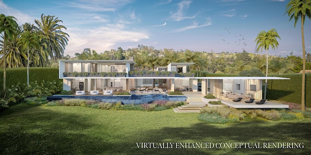 4121 Creciente Dr, Santa Barbara, CA 93110 - rear view of house with outdoor lounge area, a patio, a balcony, a yard, and an outdoor pool