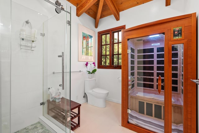 full bathroom with a stall shower, baseboards, toilet, a sauna, and wood ceiling